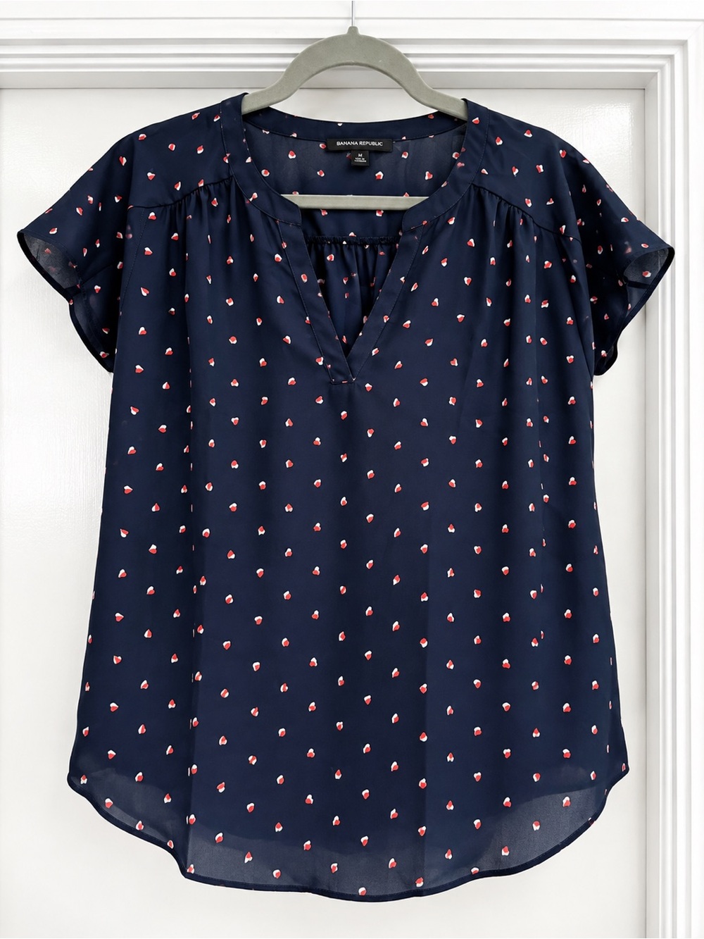 Banana Republic Navy V-Neck Flutter Sleeve Top with Pink Dot Motif